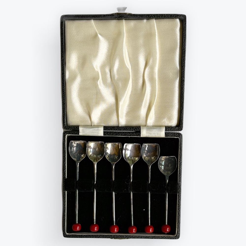 Barware 1930s Art Deco Bakelite Cherry Tipped English EPNS Muddlers ~ Boxed Set